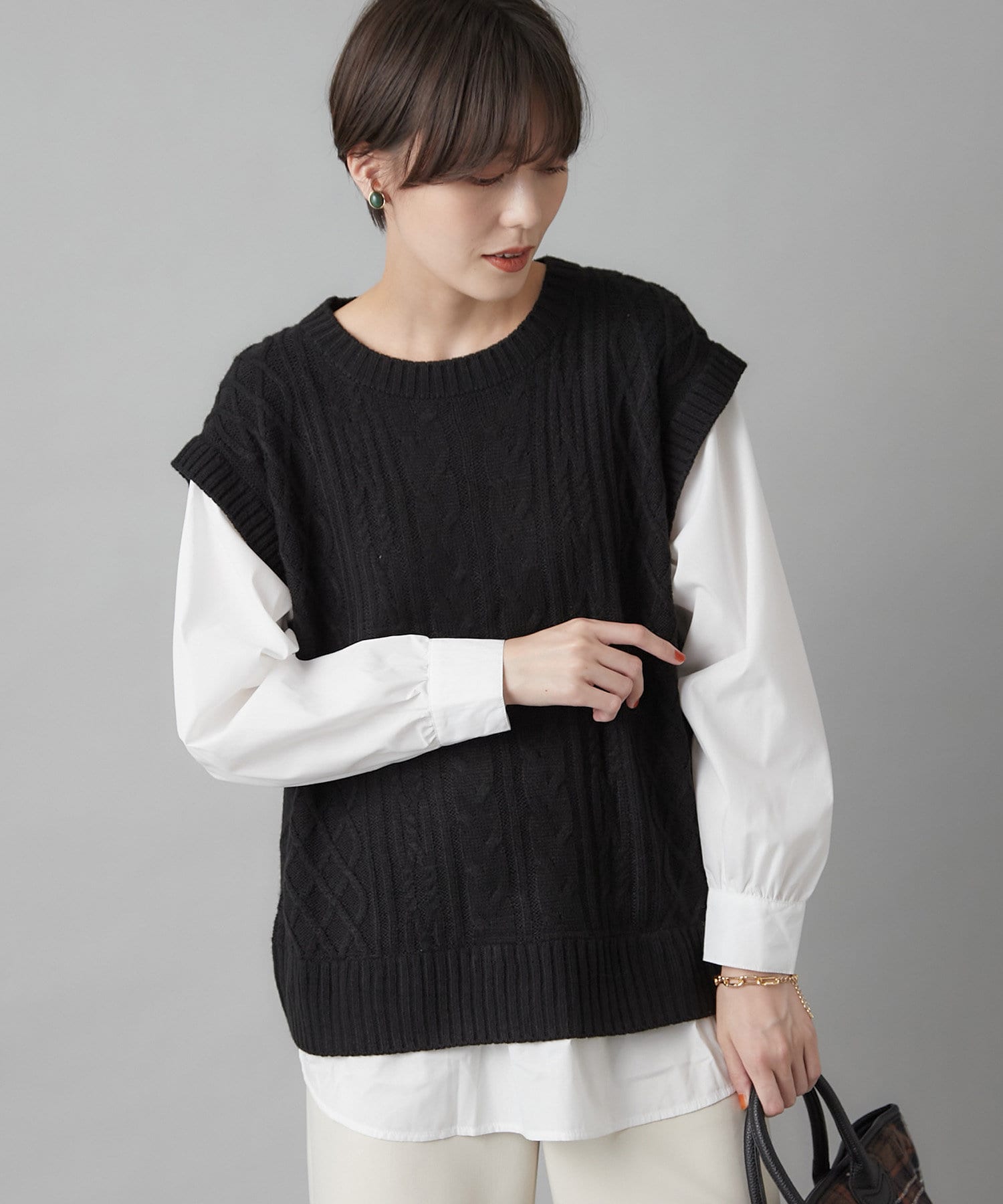 un dix cors(アンディコール) 【1枚でオシャレが完成する】アラン柄ニットベストドッキングプルオーバー