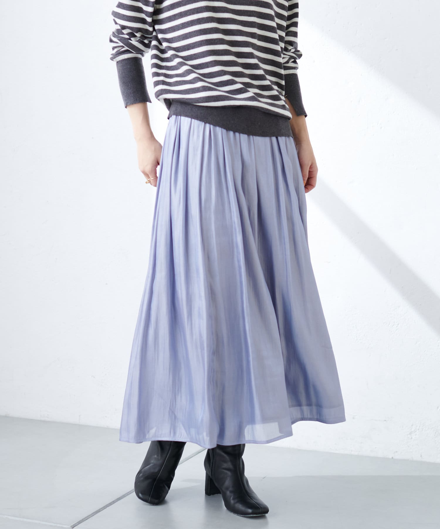 色違いも欲しい！】ストライプサテンギャザースカート - COLLAGE  