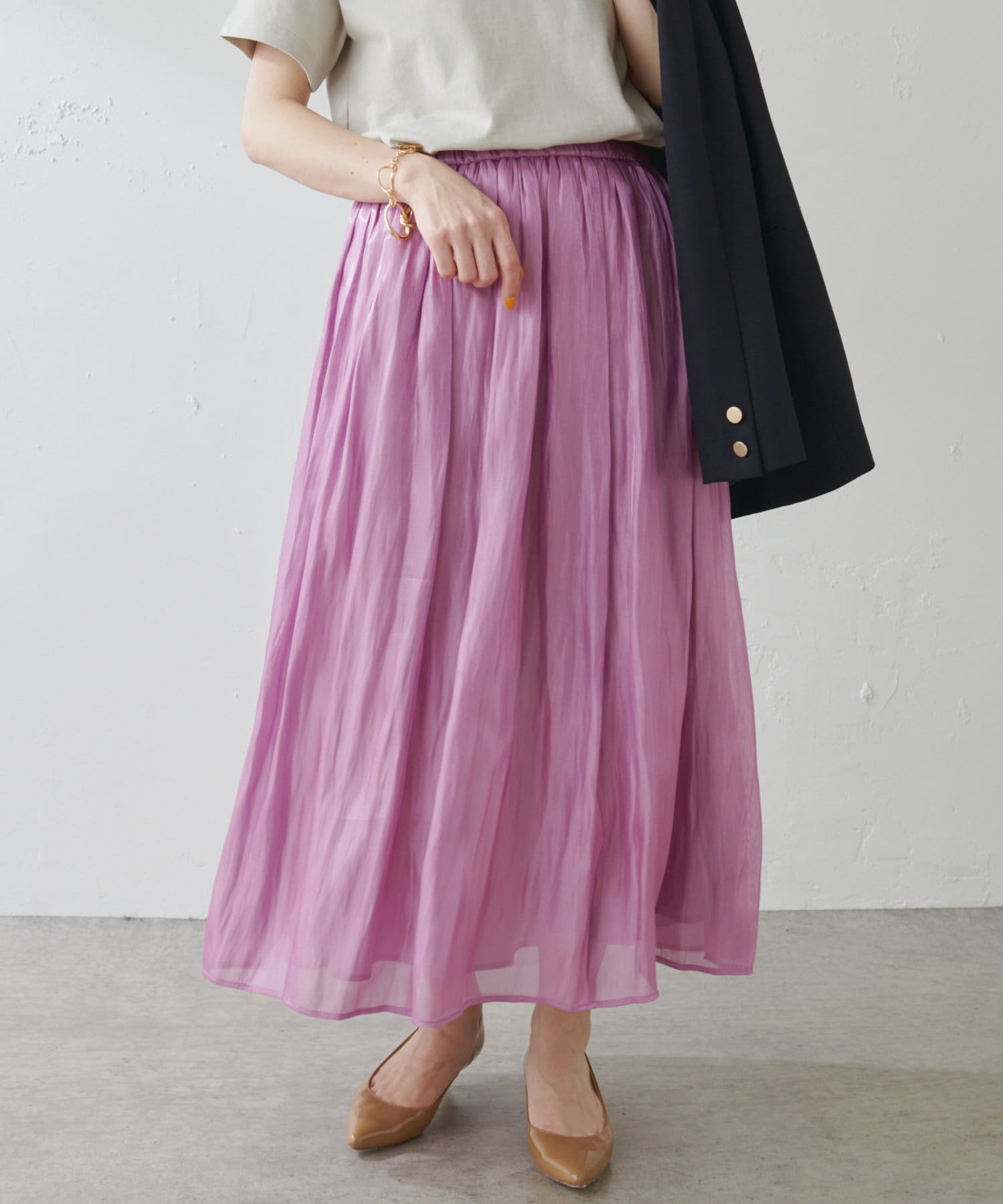 色違いも欲しい！】ストライプサテンギャザースカート - COLLAGE  