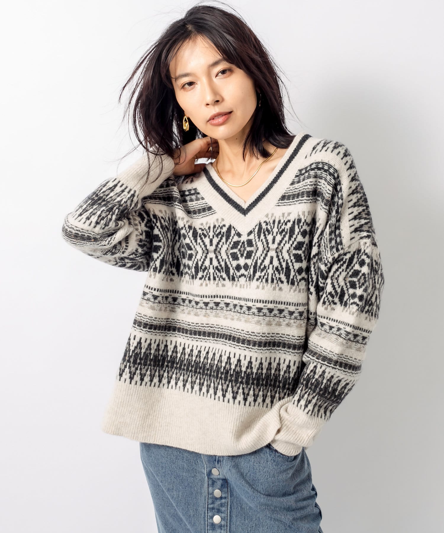 大人のデザインニット 編み込みジャガードvネックニット Rive Droite リヴドロワ レディース Pal Closet パルクローゼット パルグループ公式ファッション通販サイト