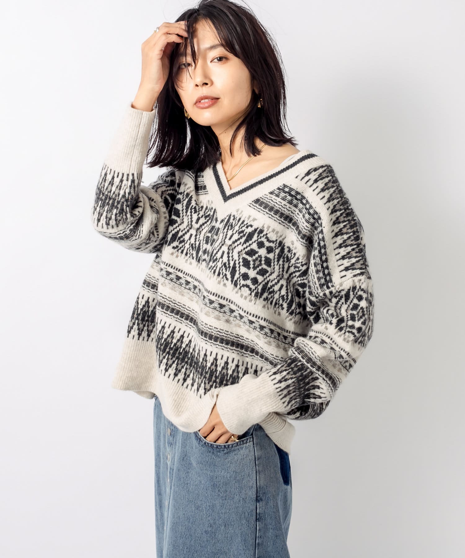 大人のデザインニット 編み込みジャガードvネックニット Rive Droite リヴドロワ レディース Pal Closet パルクローゼット パルグループ公式ファッション通販サイト