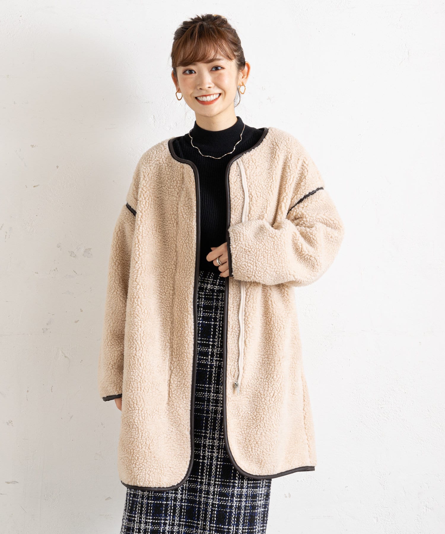 9,030円〓seya〓 刺子 レザー パイピング ノーカラー 羽織りジャケット