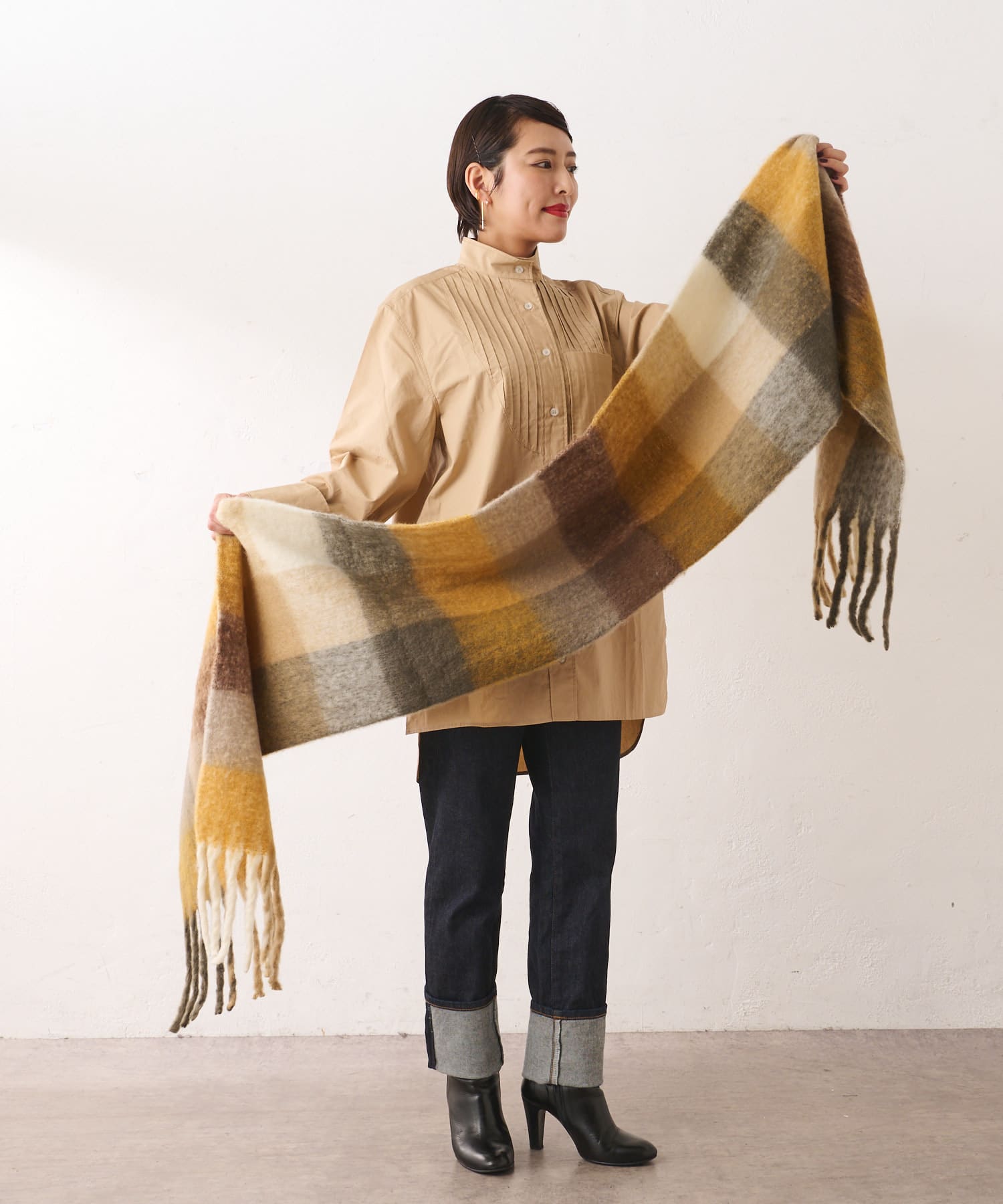 Web限定カラー ピンク グリーン もこもこフリンジチェックストール Ear Papillonner イア パピヨネ レディース Pal Closet パルクローゼット パルグループ公式ファッション通販サイト