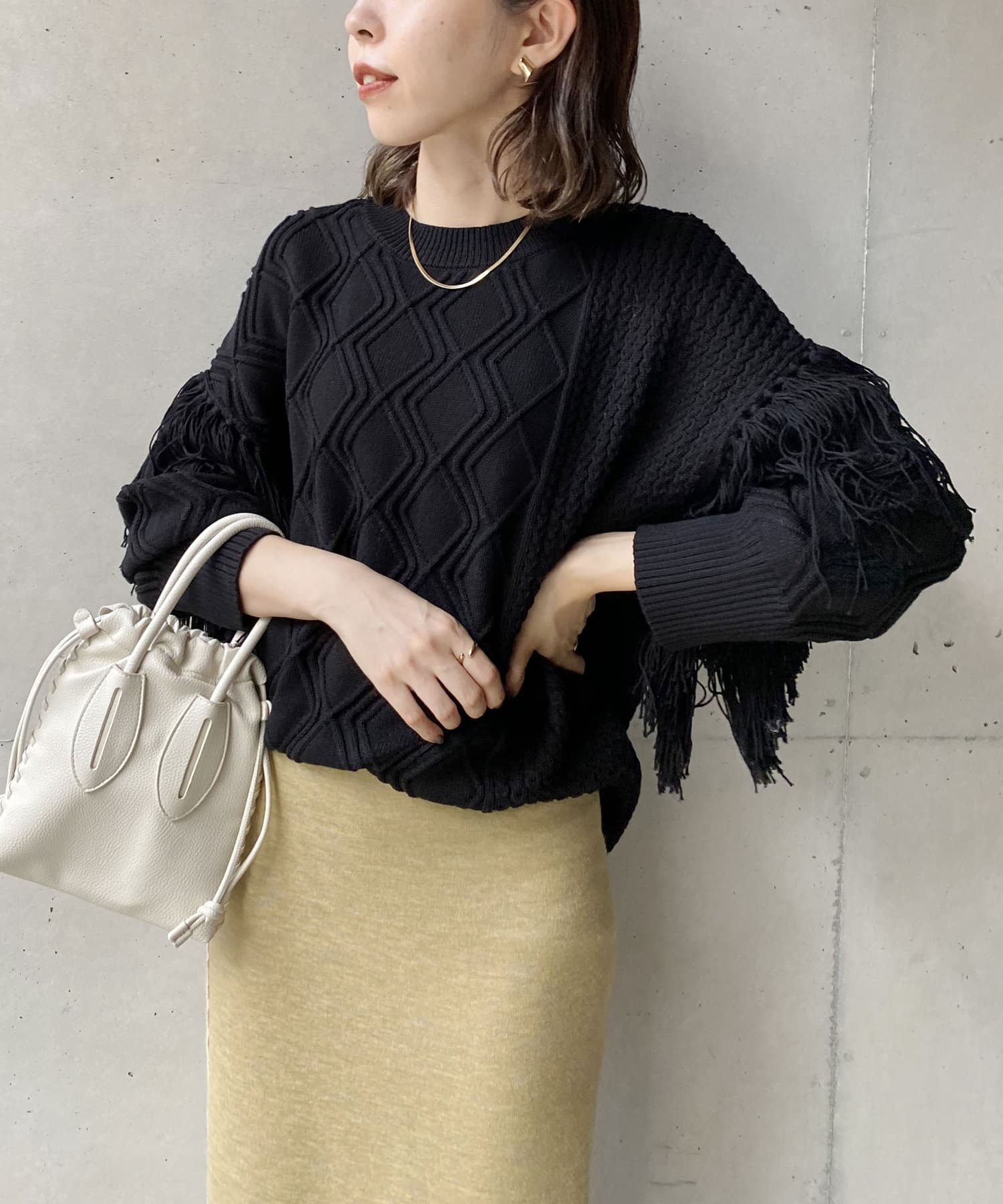 ダイヤ編袖フリンジプルオーバー - CAPRICIEUX LE'MAGE(カプリシュレ