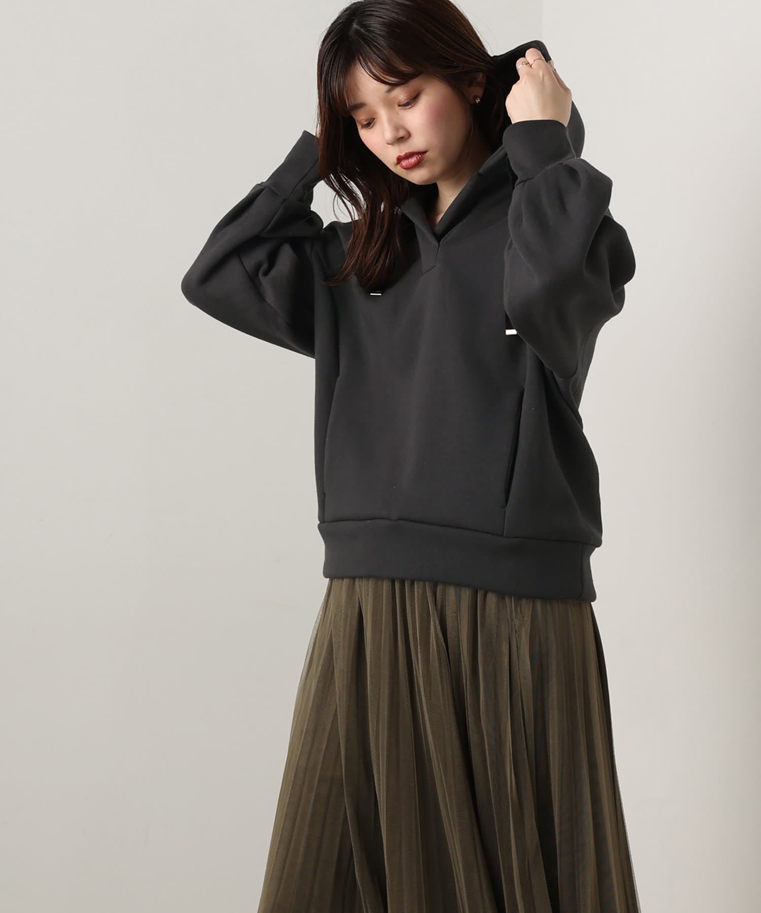 natural couture(ナチュラルクチュール) 【着用動画あり】オープンネック裏起毛パーカー