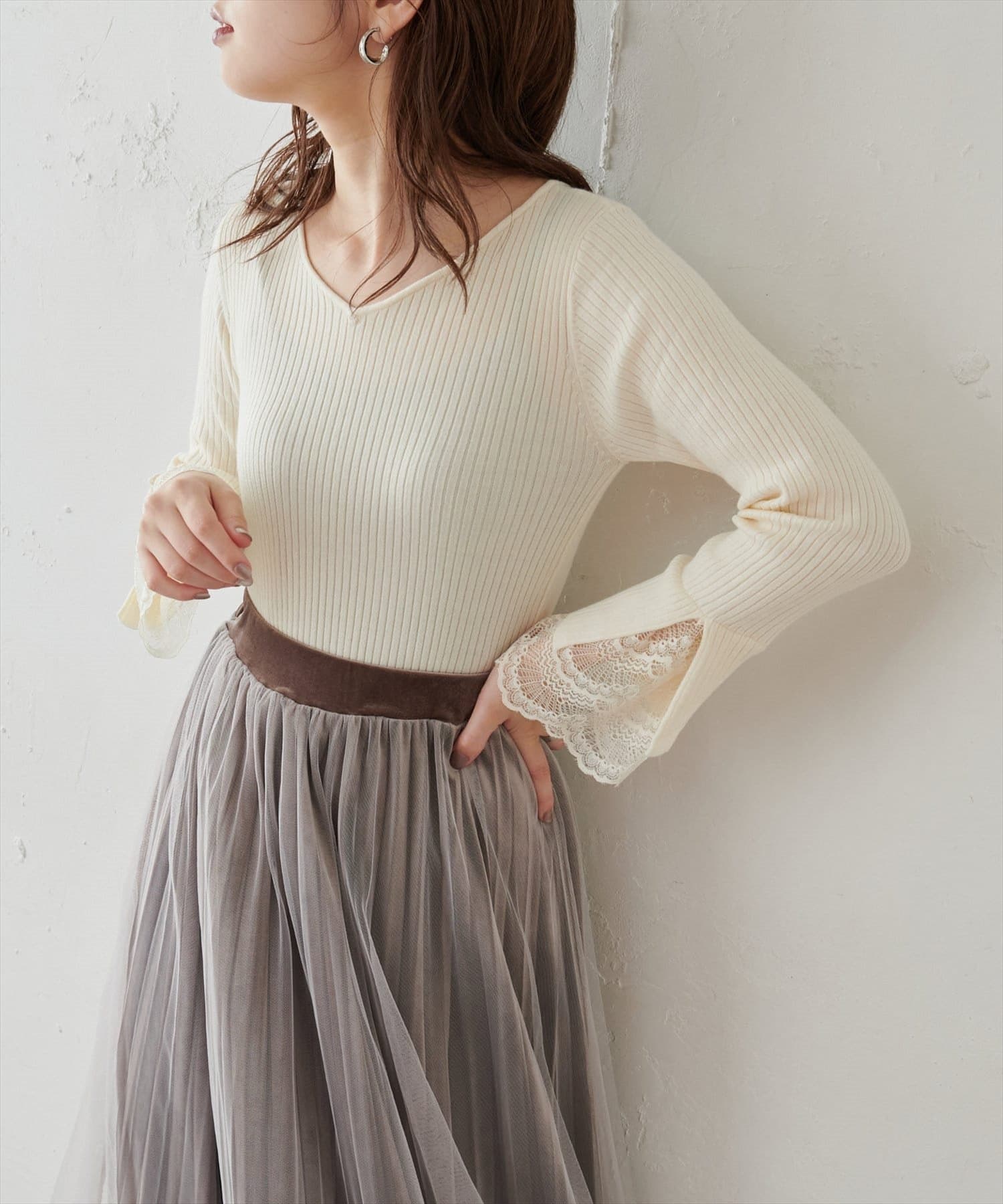 natural couture(ナチュラルクチュール) 【WEB限定・大好評リバイバルアイテム】前後2WAY袖口レースリブニット