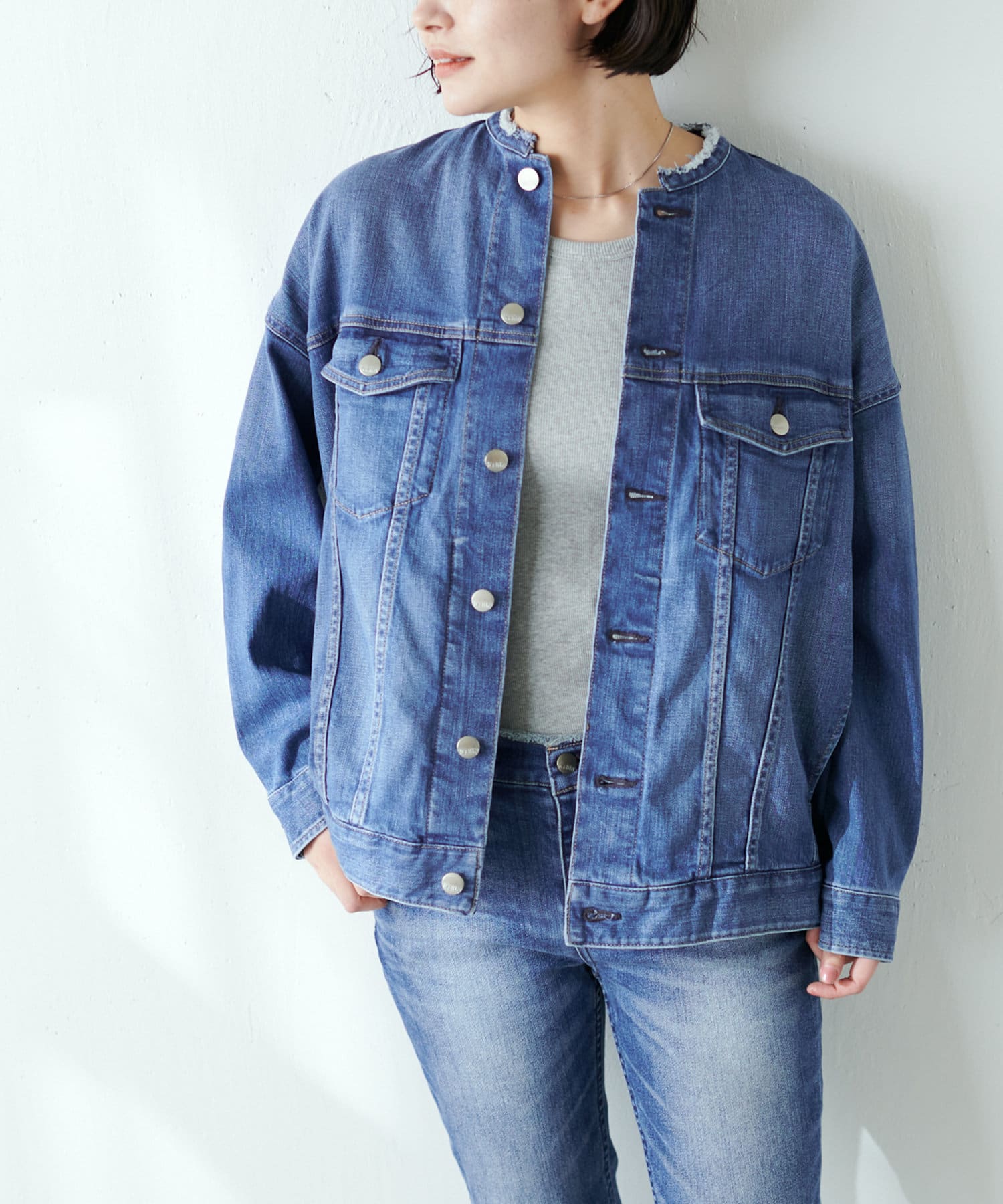 Healthy Denim ヘルシーデニム ノーカラーデニムジャケット Collage Gallardagalante コラージュ ガリャルダガランテ レディース Pal Closet パルクローゼット パルグループ公式ファッション通販サイト