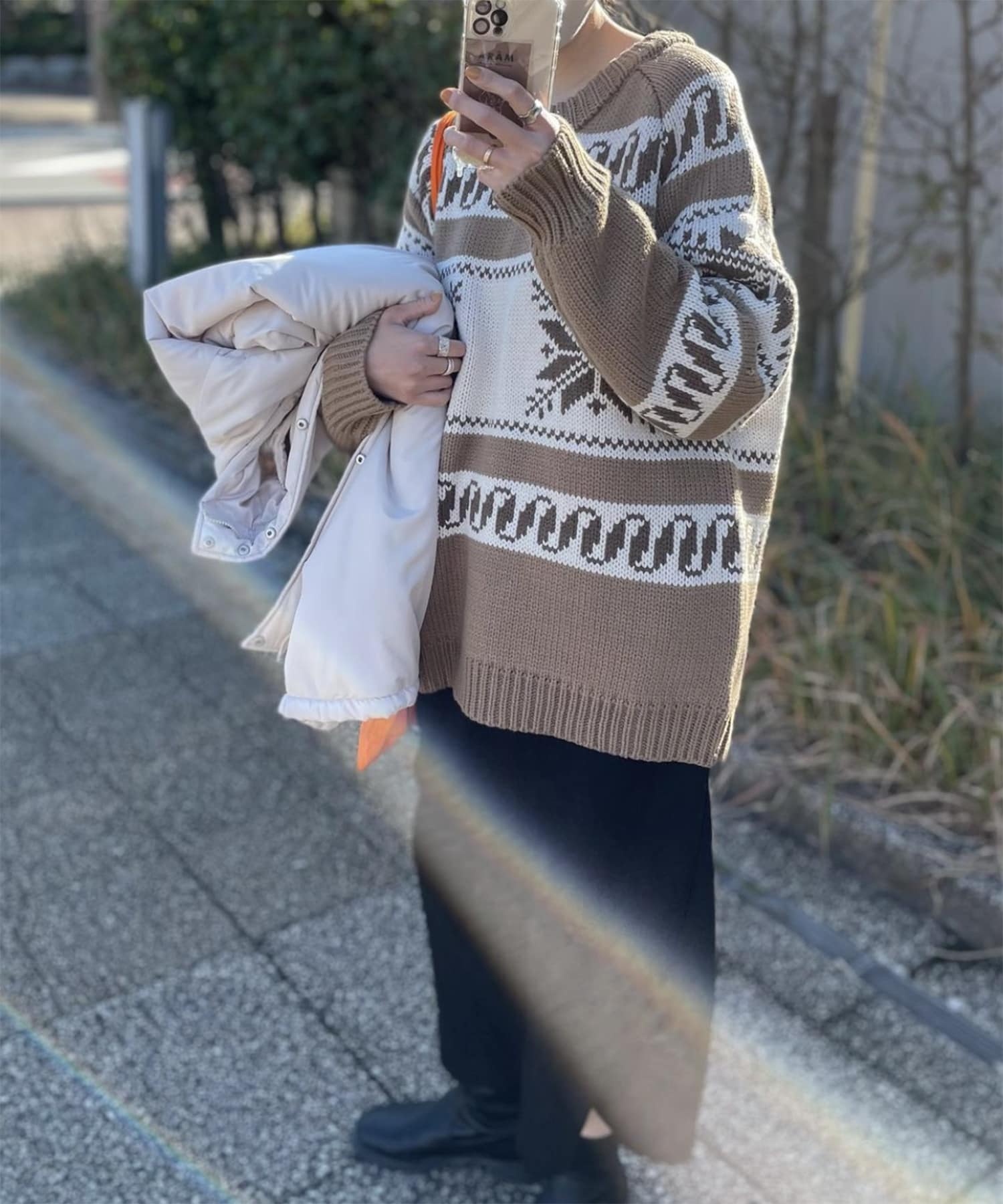 カウチン ニット ベスト フード付　ミックス ネップ ジップアップ M