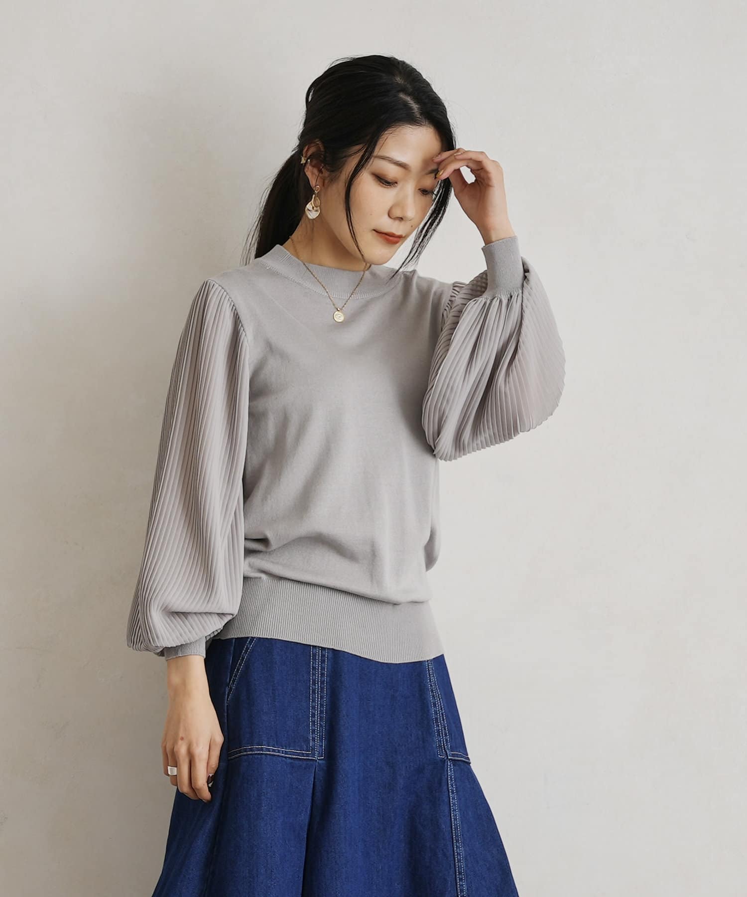Sov. ソブ プリーツシフォンニット 長袖 トップス シフォン ブラウス レディース シフォンブラウス 長袖 七分袖 ぽ