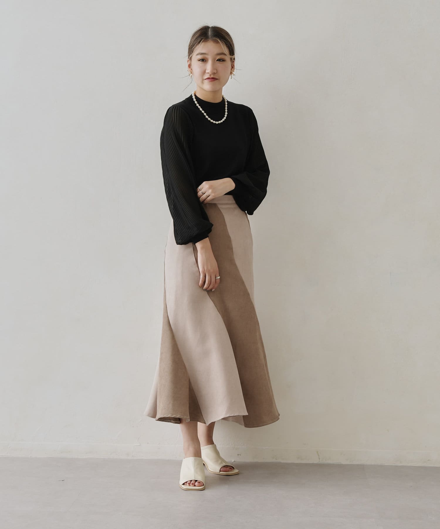 Chez toi(シェトワ) 袖シフォンプリーツニットプルオーバー