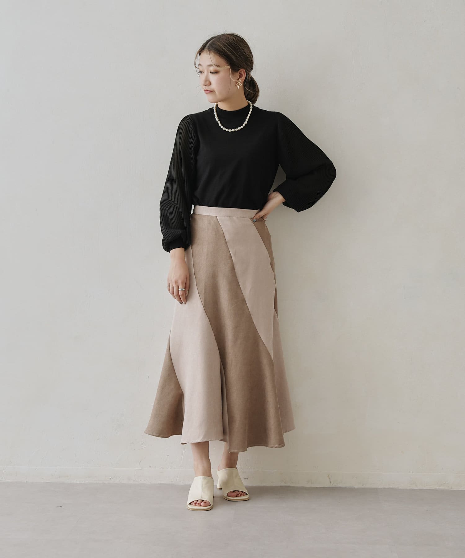 Chez toi(シェトワ) 袖シフォンプリーツニットプルオーバー