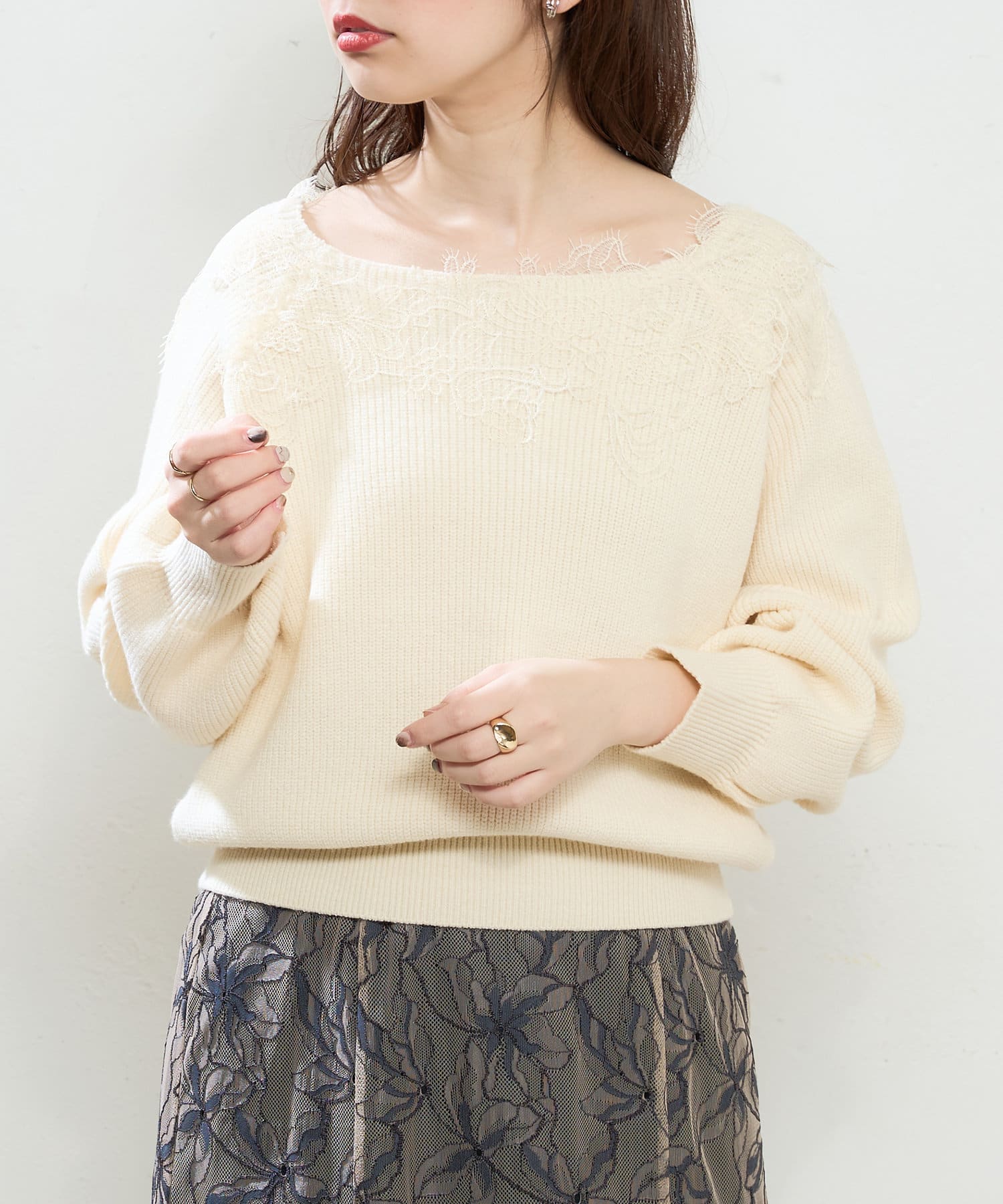 natural couture(ナチュラルクチュール) 幅広モチーフレース畦ニット