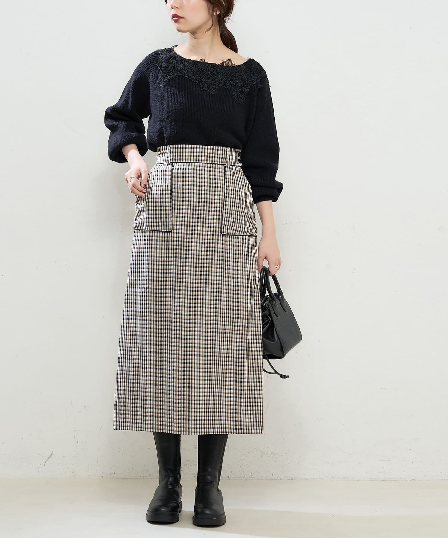 natural couture(ナチュラルクチュール) 幅広モチーフレース畦ニット