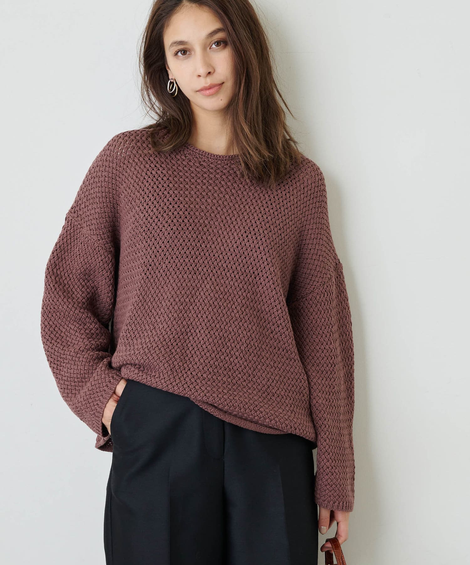 ジップアップパーカーTHREE three dots スウェット風ニットプル 