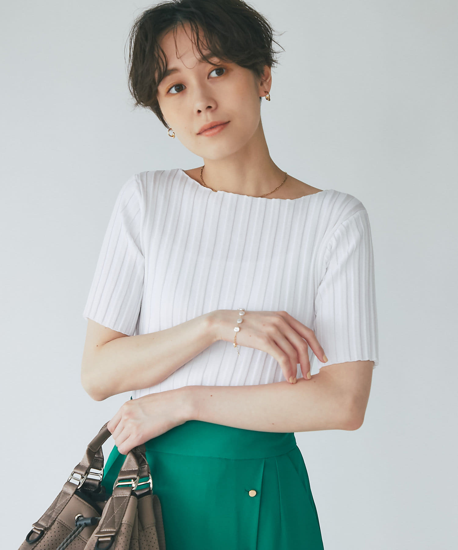 un dix cors(アンディコール) 【定番トップス】ワイドリブ半袖ニットプルオーバー