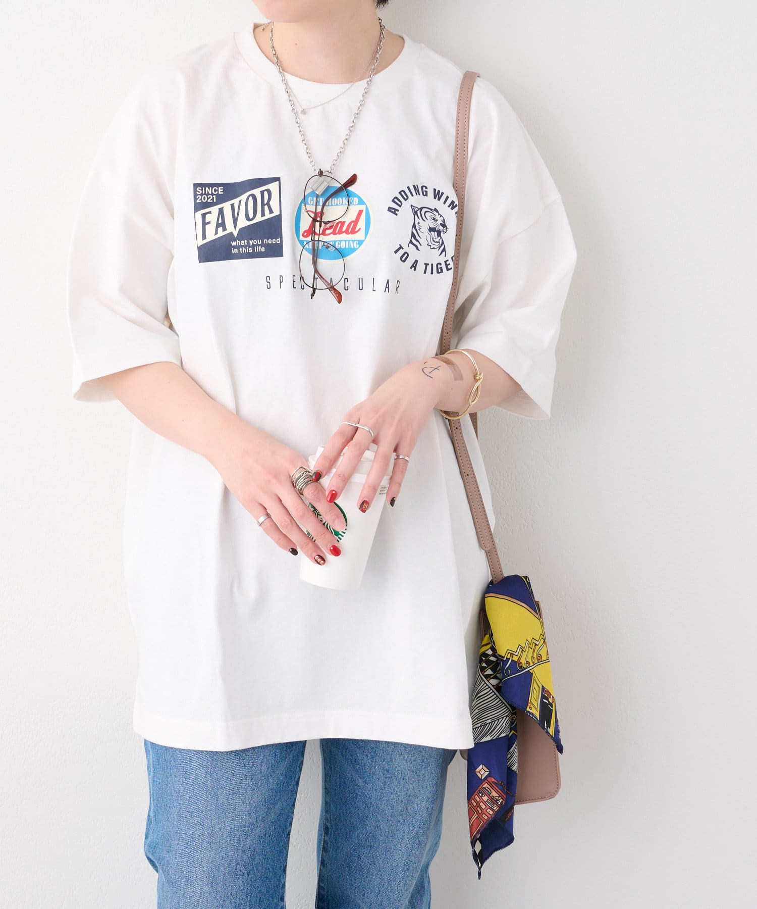 NUNIFE】3つモチーフロゴビッグTシャツ | NICE CLAUP / OLIVE