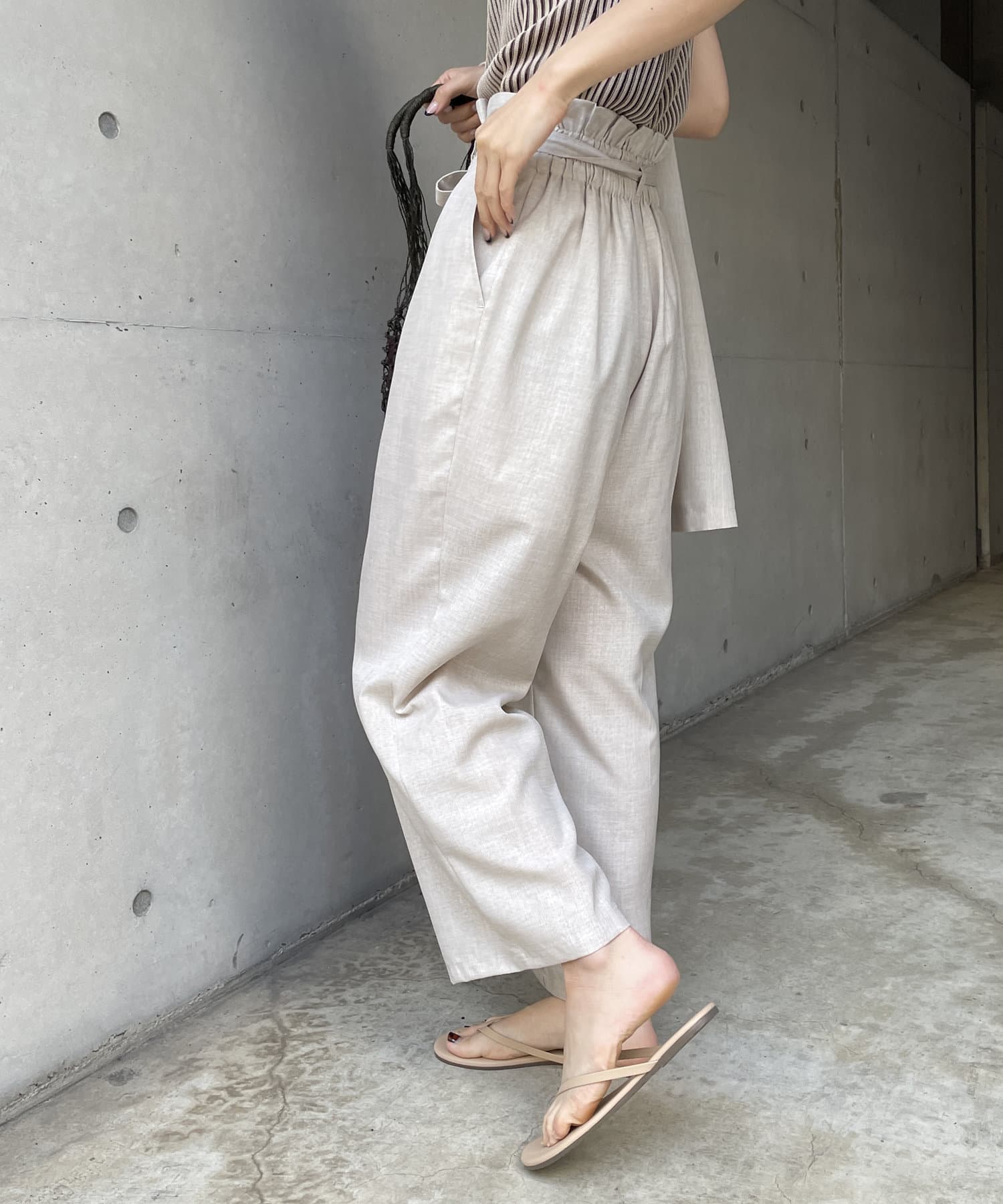 セットアップ可】リネンライク共地リボン付きタックパンツ | Thevon