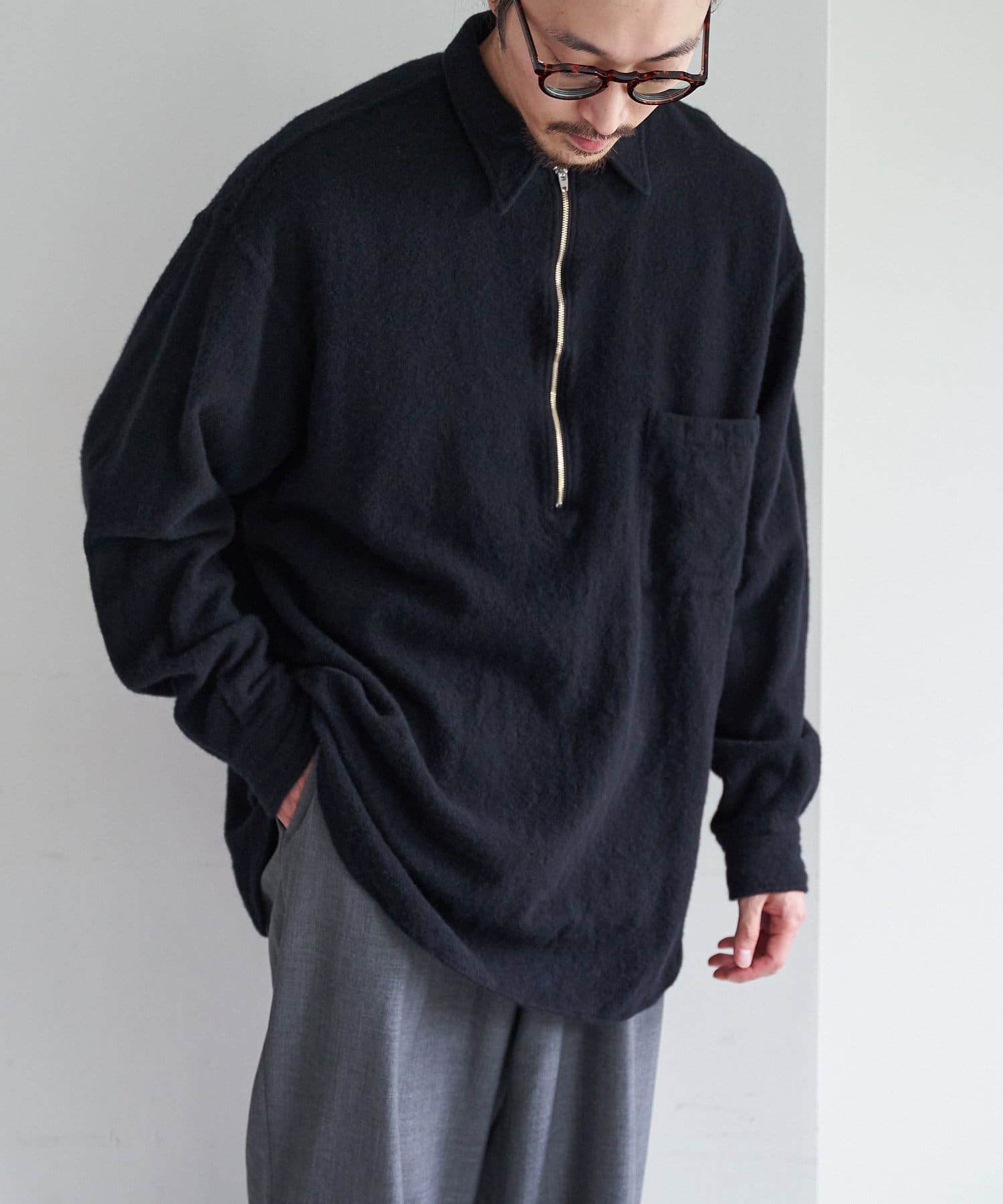 COMOLI 縮絨ウール ハーフジップシャツ - ジャケット/アウター