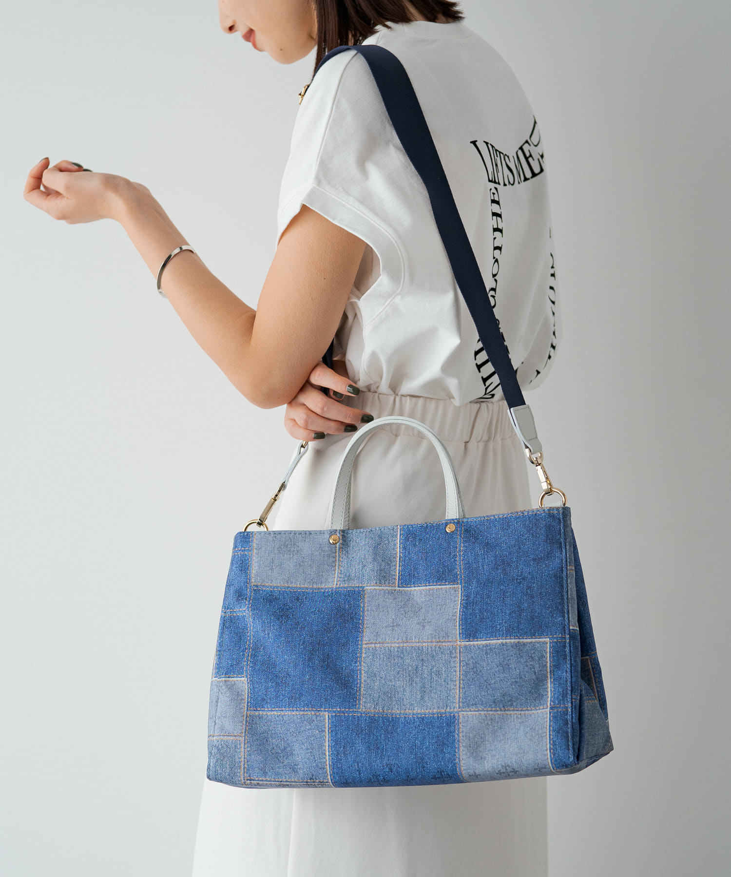 新作！ラシットSHOPPER TOTE BAG (S)パッチワークデニムプリント-