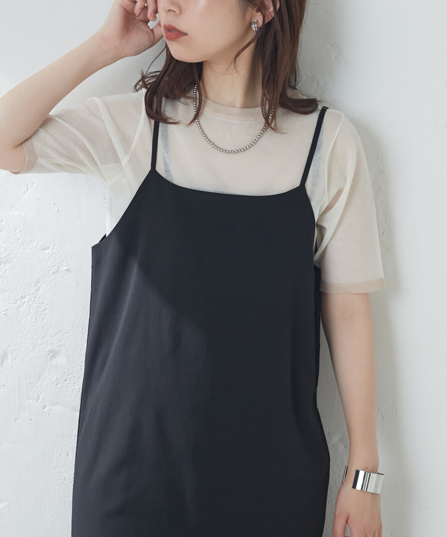 natural couture(ナチュラルクチュール) シアー半袖配色ニット