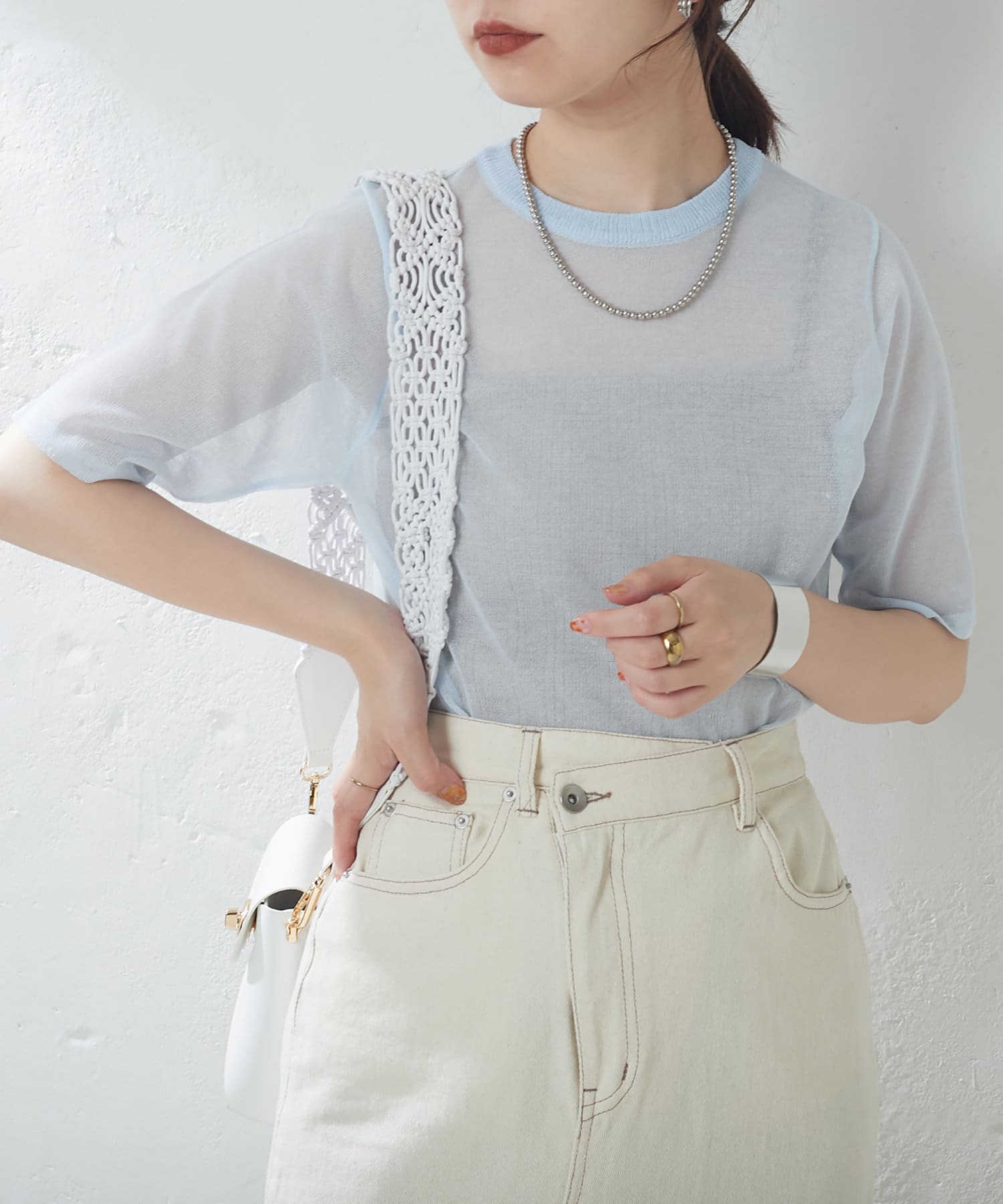 natural couture(ナチュラルクチュール) シアー半袖配色ニット