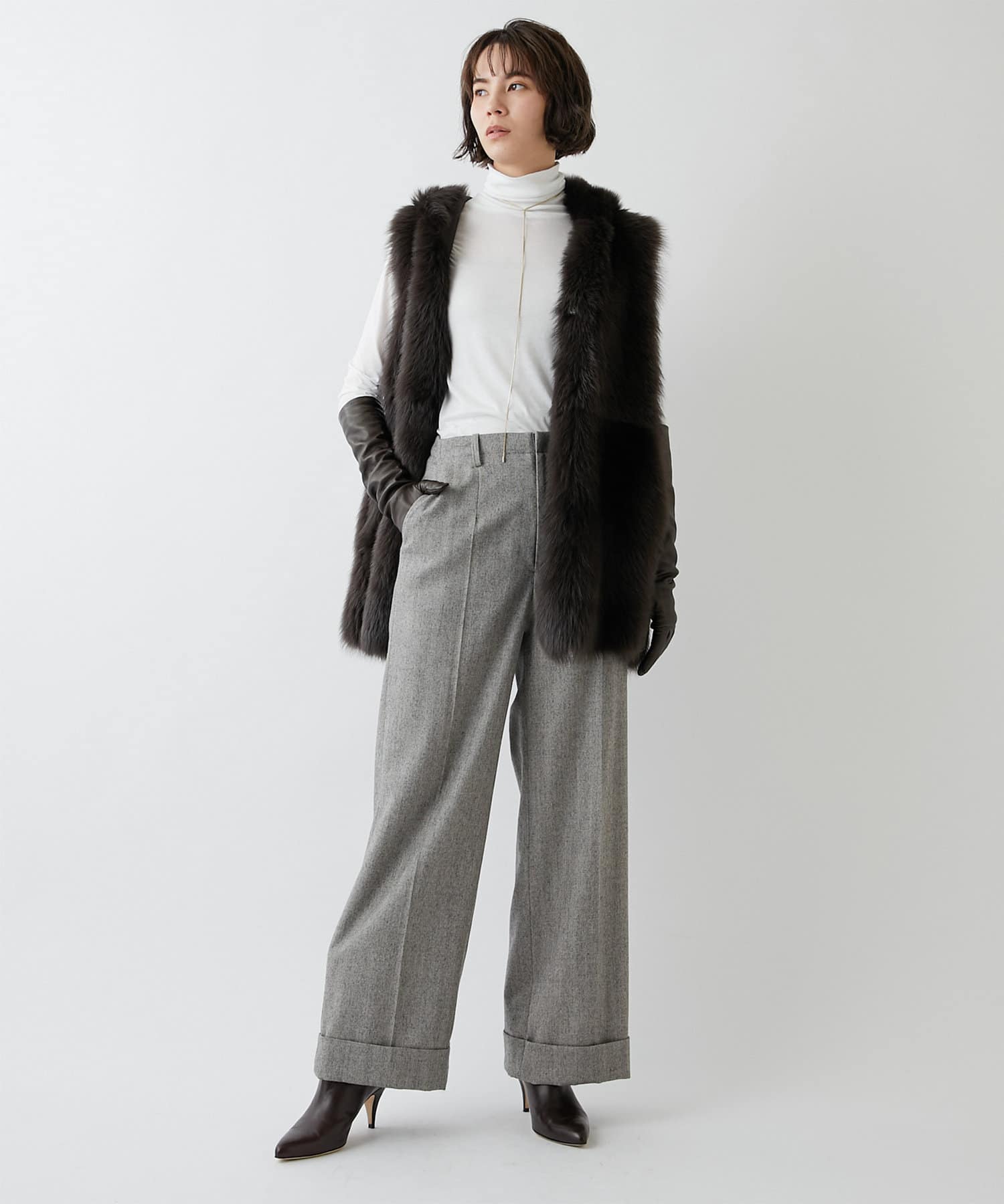 新品 定価30800円 ウィムガゼット ヘリンボーン 秋冬 パンツ ブラウン Whim Gazette(ウィム ガゼット)｜ワイドタックパンツ/ネイビー