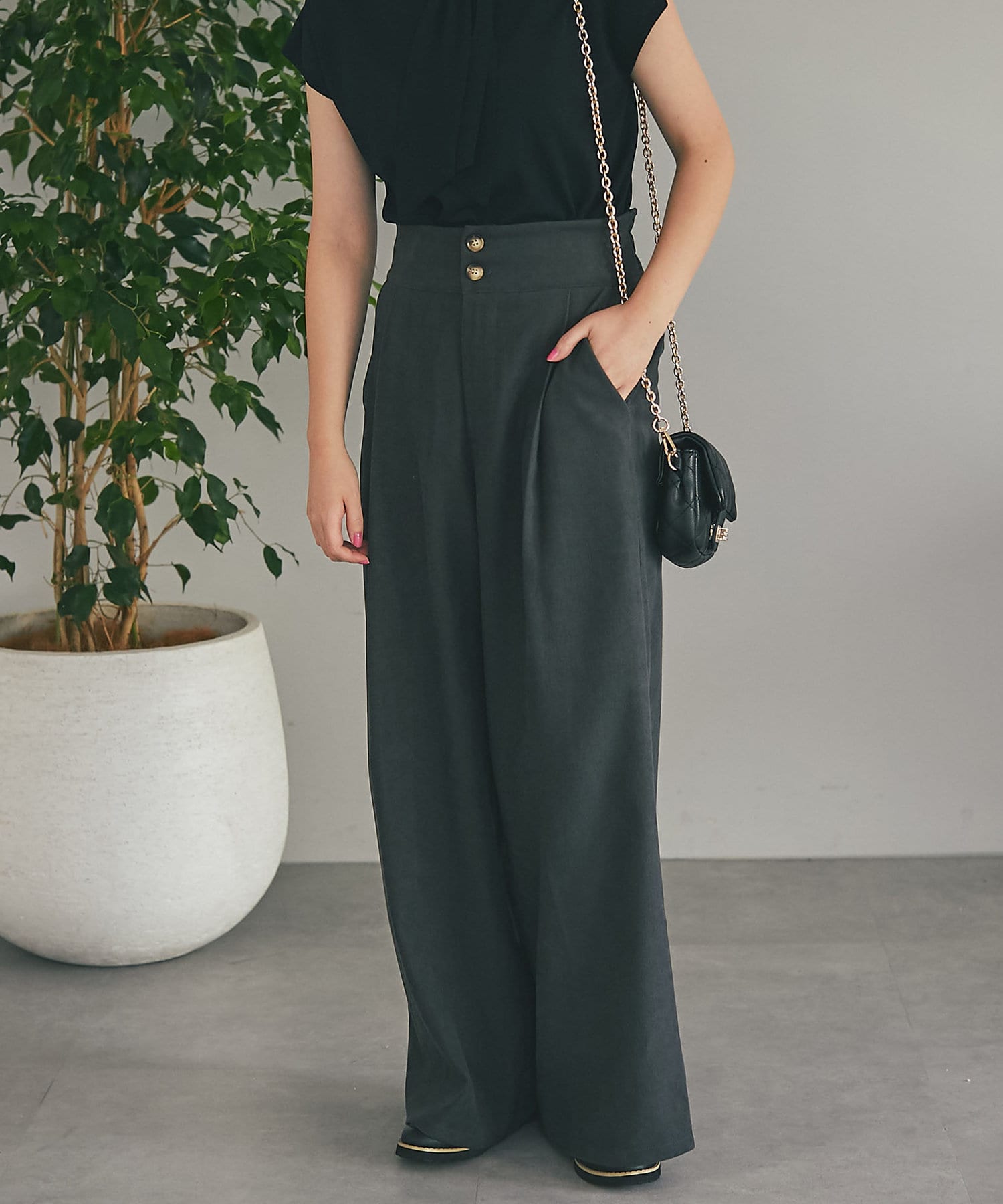 un dix cors(アンディコール) 【脚長効果あり】起毛ツイルハイウエストワイドパンツ