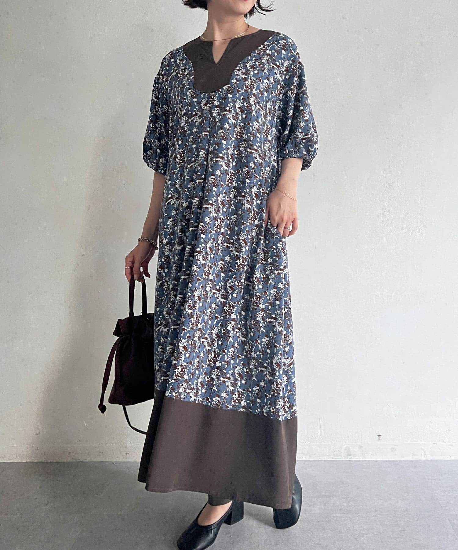 スリットネック切替柄ワンピース | Chez toi(シェトワ)レディース