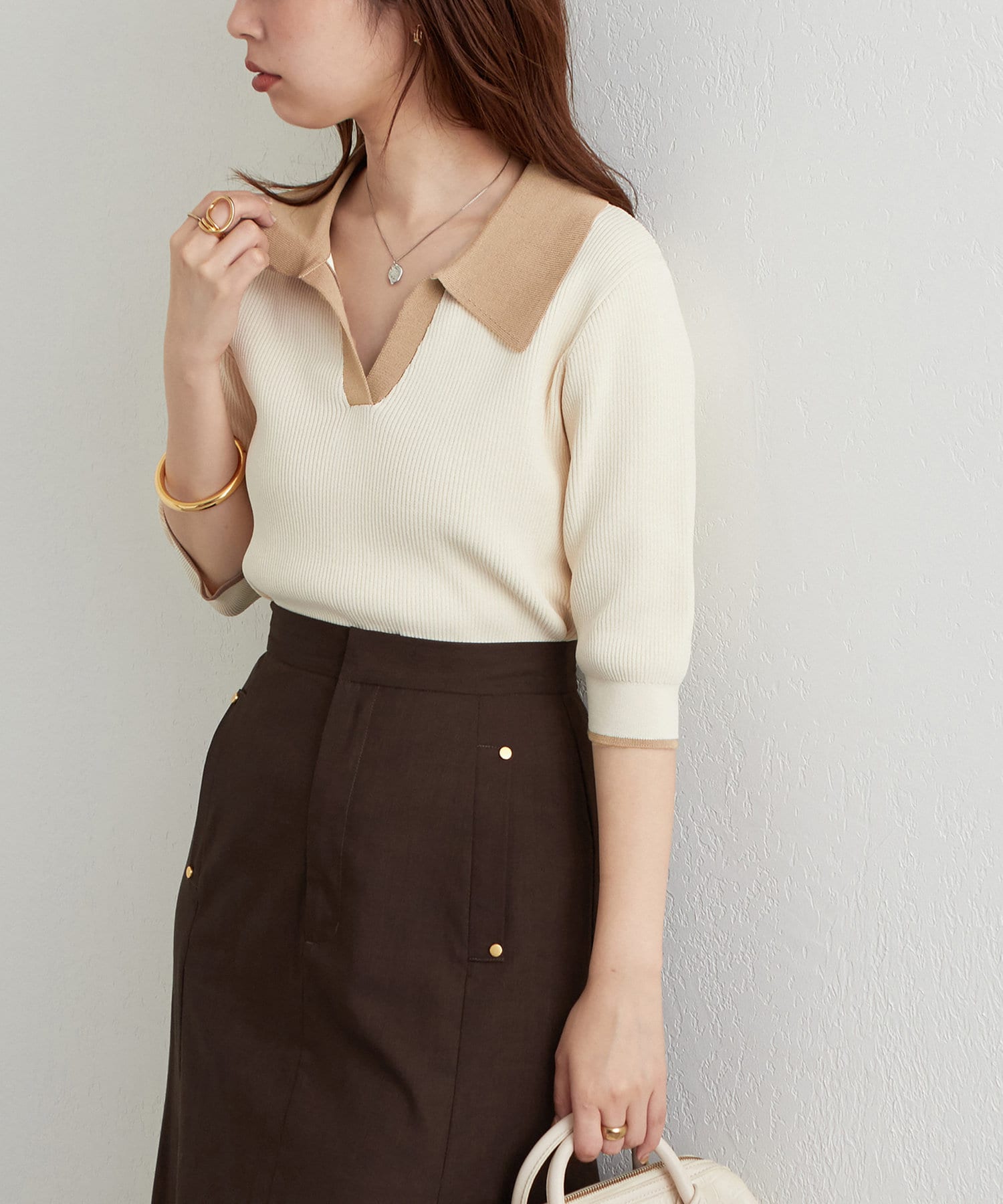 配色ポロニットプルオーバー | natural couture(ナチュラルクチュール