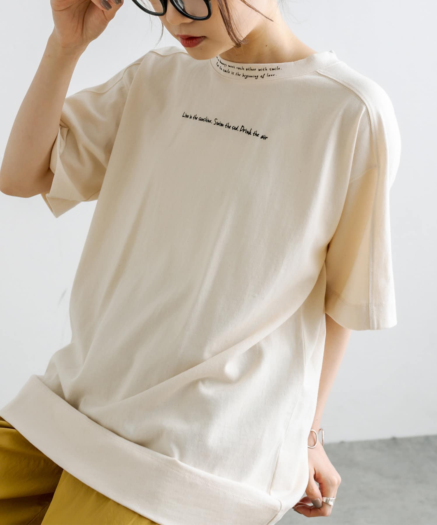 ロゴフロッキープリント／刺繍Tシャツ | pual ce cin(ピュアルセシン