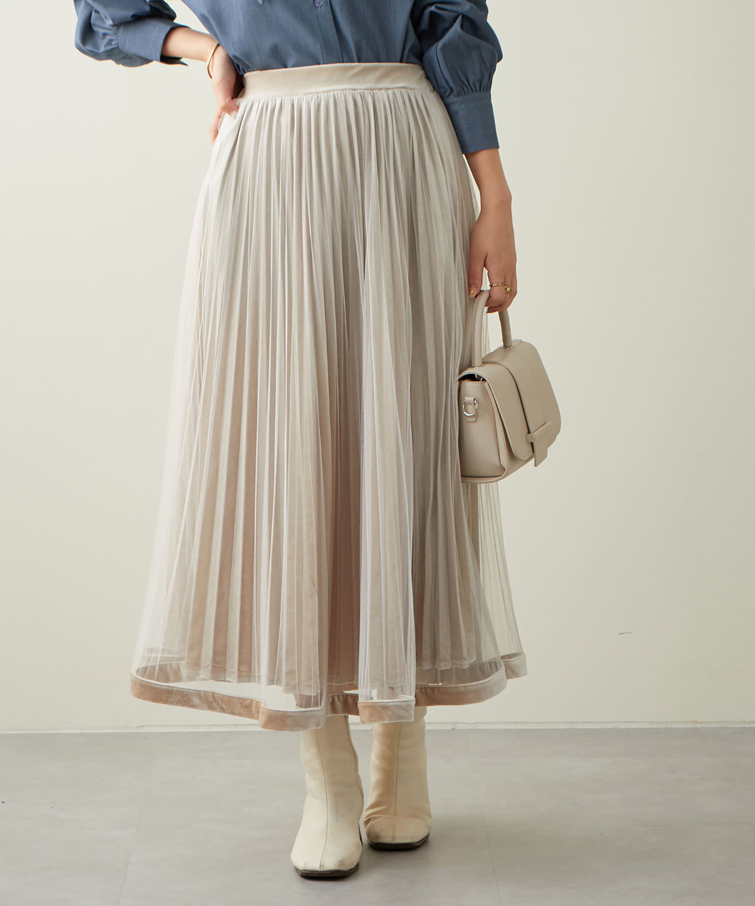 WEB限定カラーあり/裾ベロアパイピングチュールプリーツスカート 