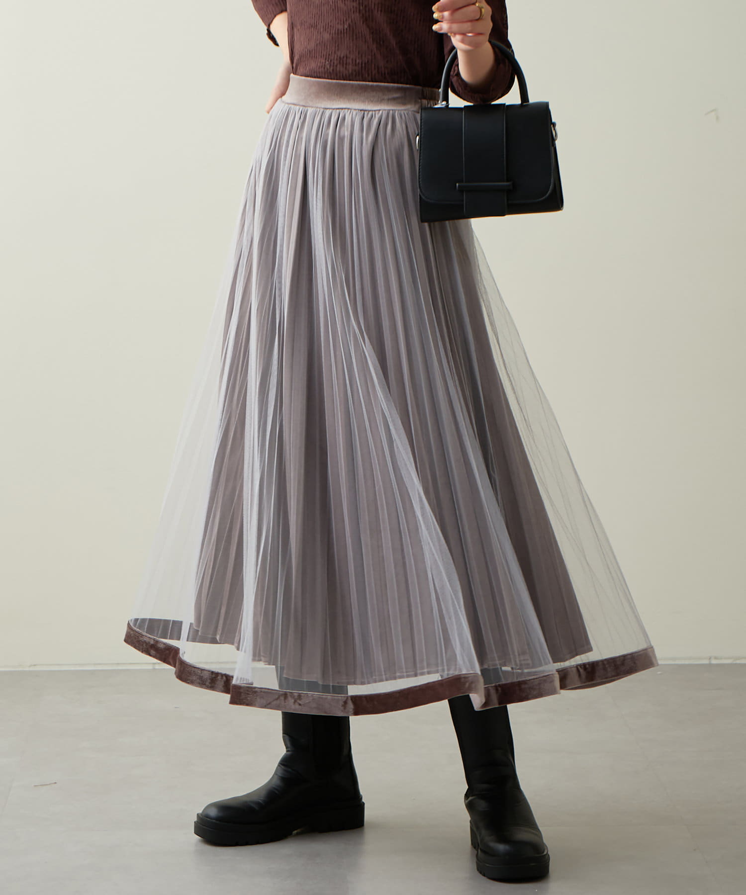 WEB限定カラーあり/裾ベロアパイピングチュールプリーツスカート