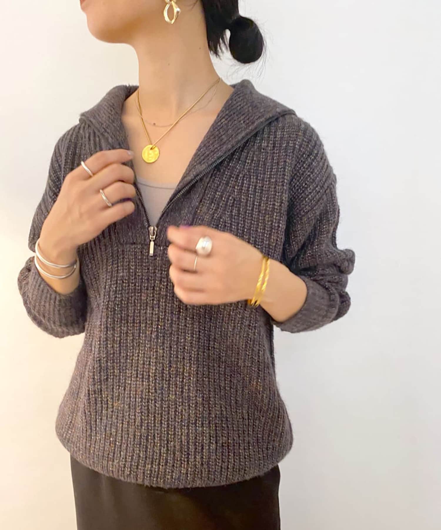 OUTLET(アウトレット) 【SHENERY】ラメ糸ZIPニットプルオーバー