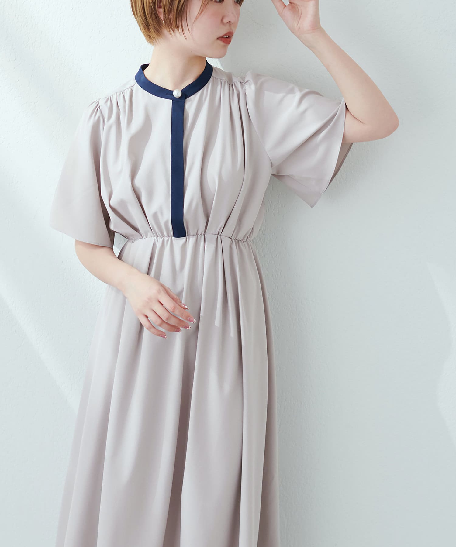 パール釦フレアスリーブシャツワンピース | natural couture