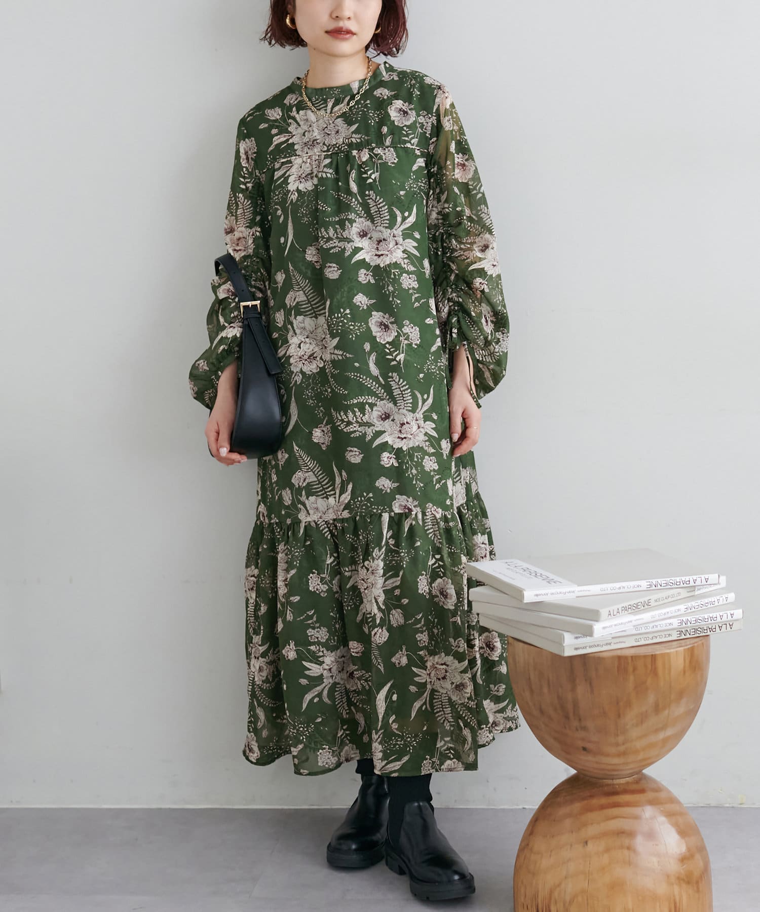XL金糸ジャガード花柄クラシックワンピースドレス緑 - 通販