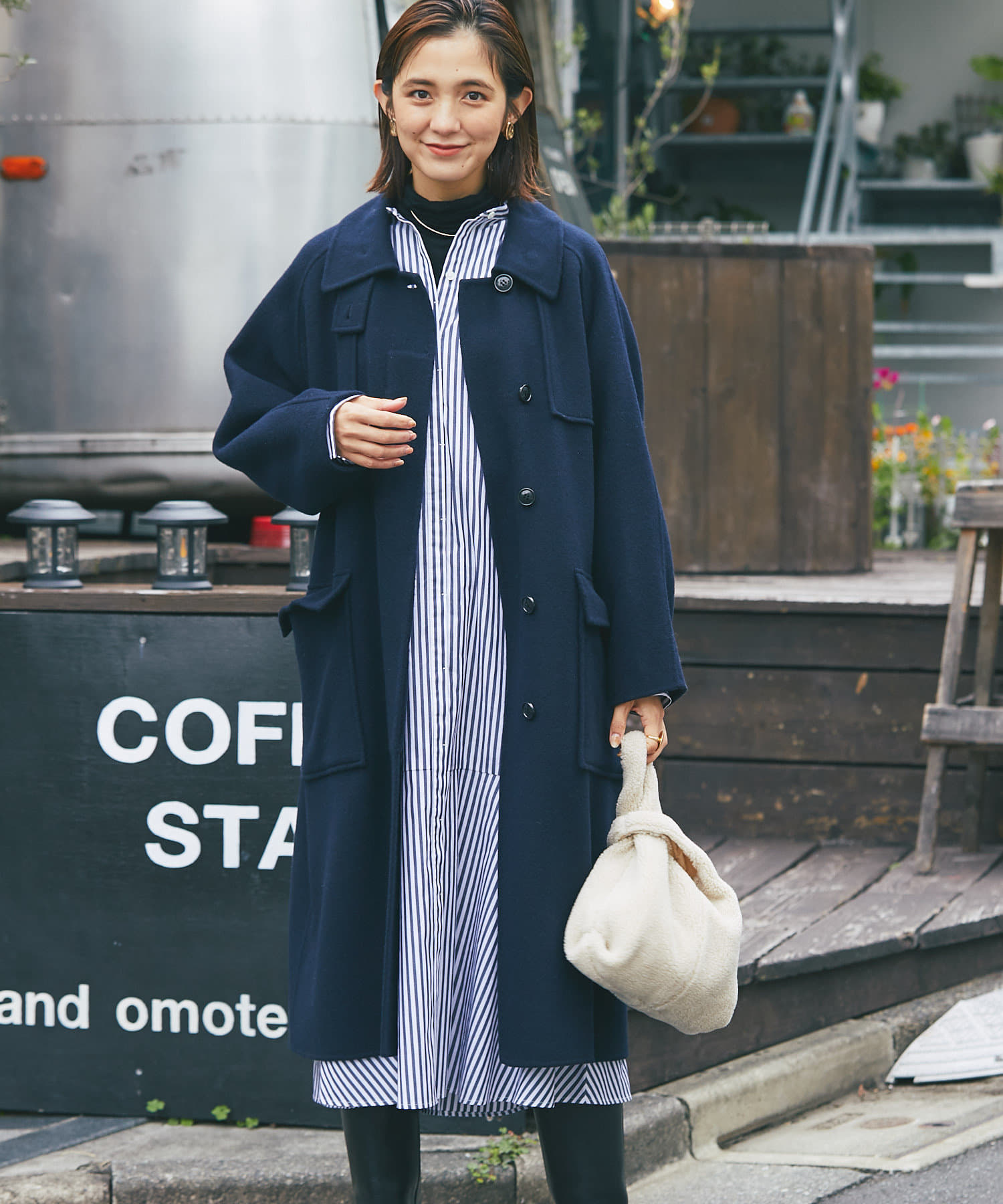 【美品】裏地取り外し可　ステンカラーコート　ジャケット　羽織　ネイビー　秋冬