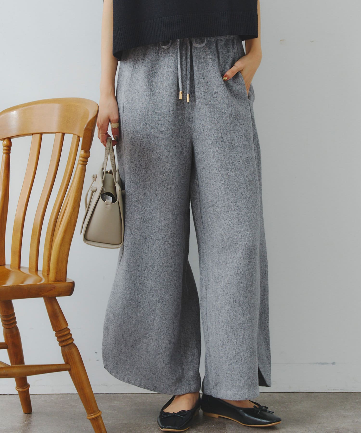 Chez toi(シェトワ) ヘリンボーンスリット切替ワイドパンツ
