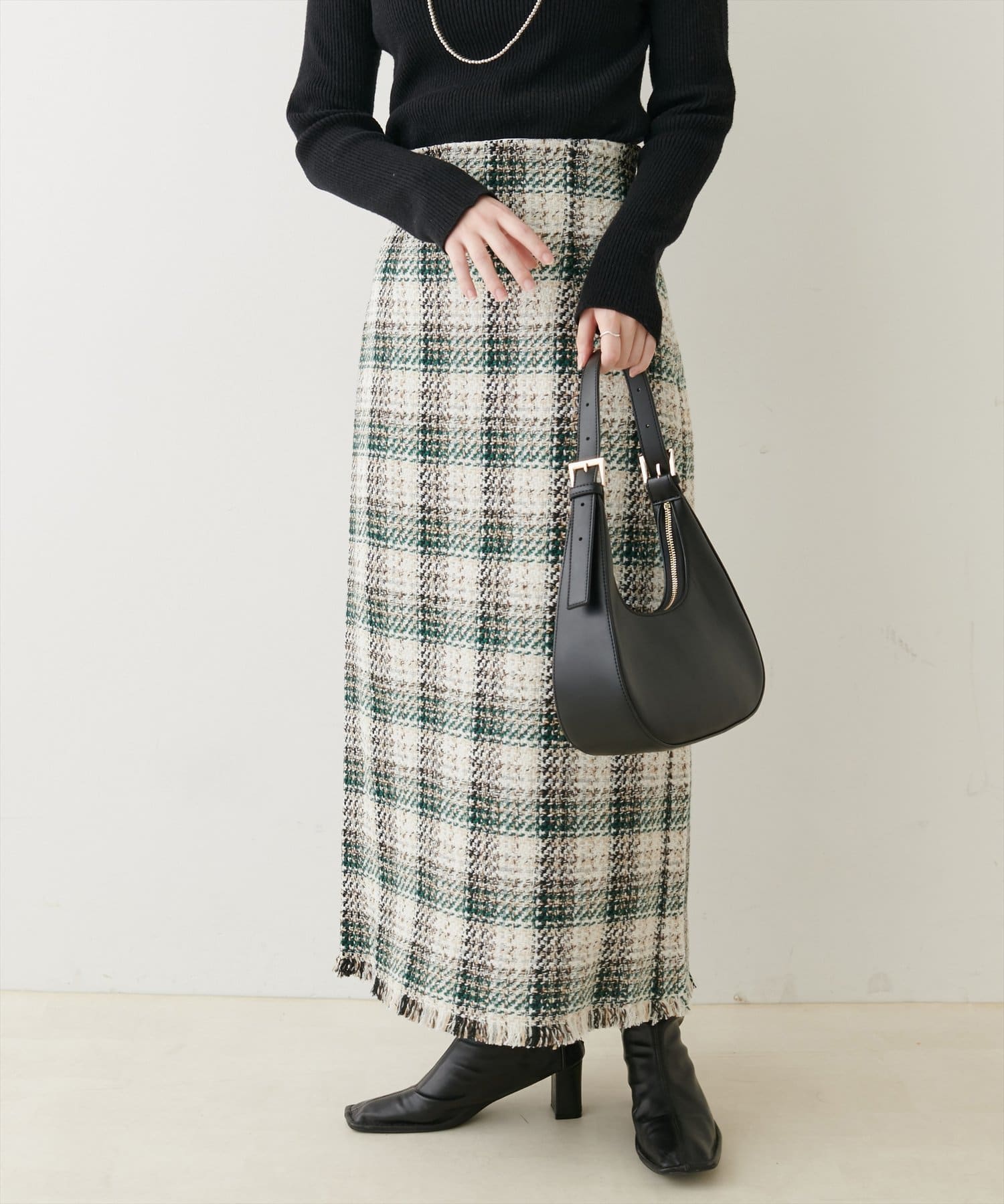 natural couture(ナチュラルクチュール) チェックツイードハイウエストスカート
