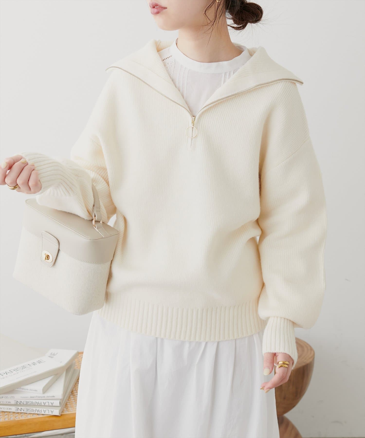 ハーフZIPぽわんリブ袖ニット | natural couture(ナチュラル
