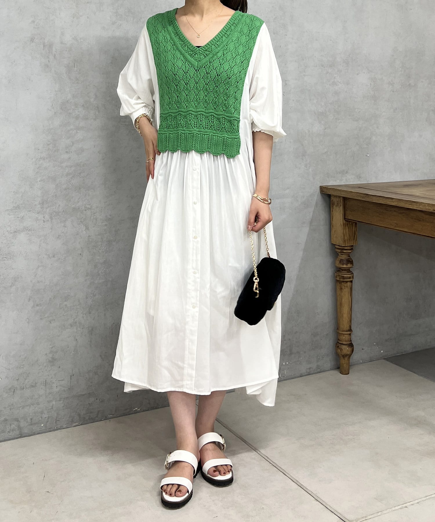 un dix cors(アンディコール) かぎ針ニットレイヤードワンピース