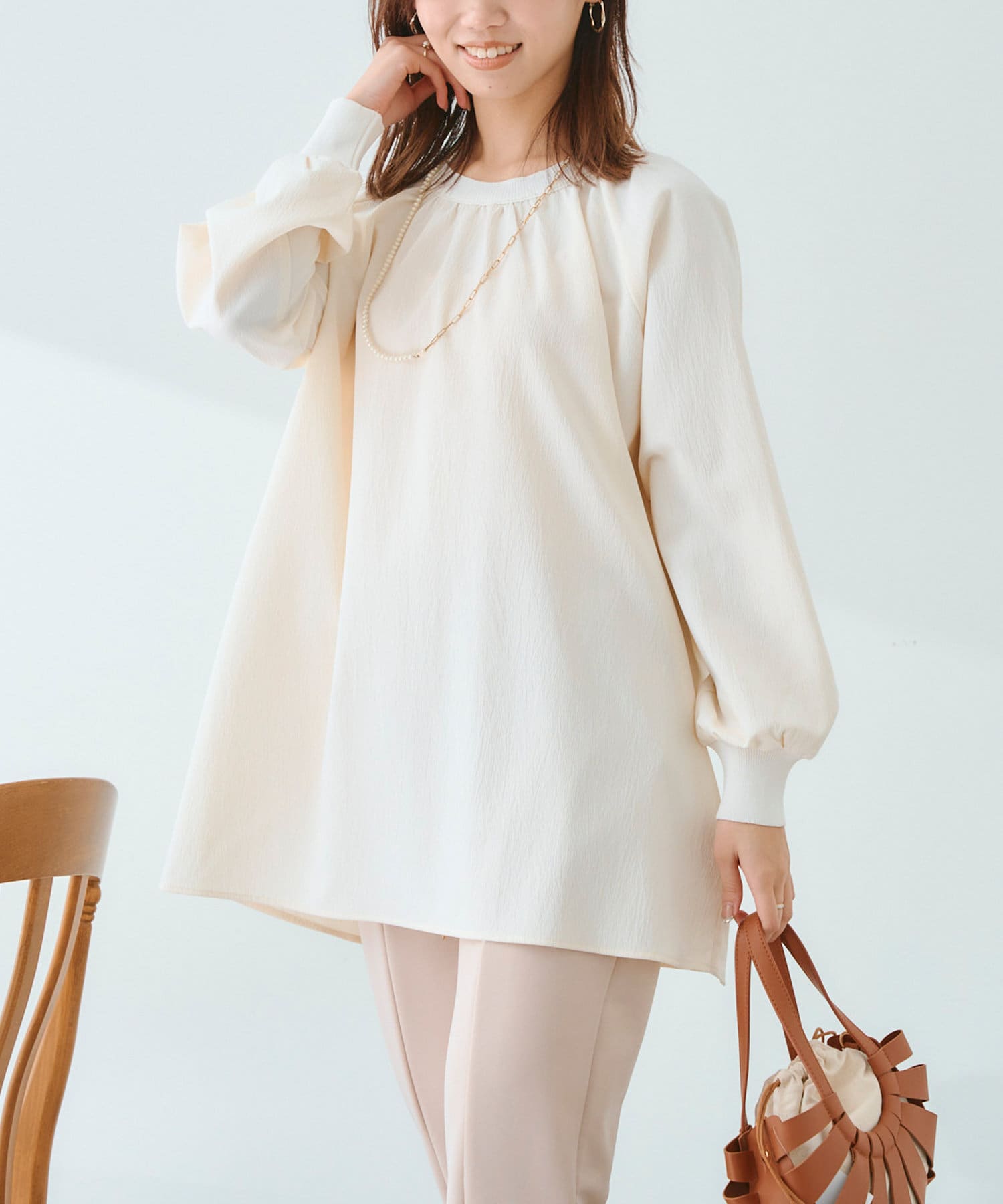 Chez toi(シェトワ) リブニット切替ギャザーブラウス