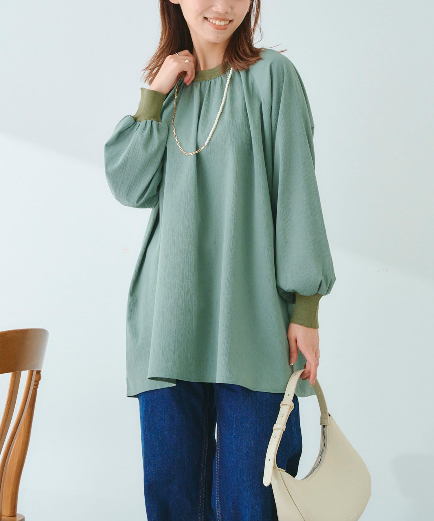 Chez toi(シェトワ) リブニット切替ギャザーブラウス