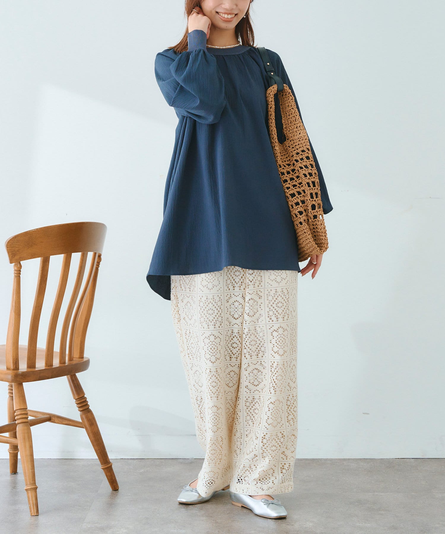 Chez toi(シェトワ) リブニット切替ギャザーブラウス