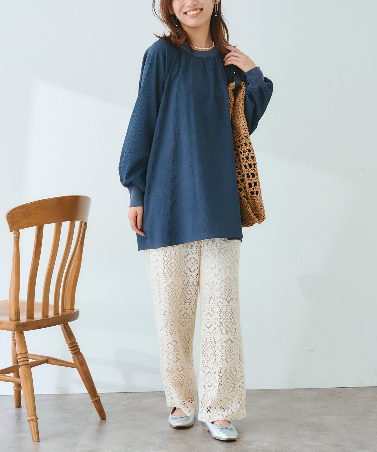 Chez toi(シェトワ) リブニット切替ギャザーブラウス