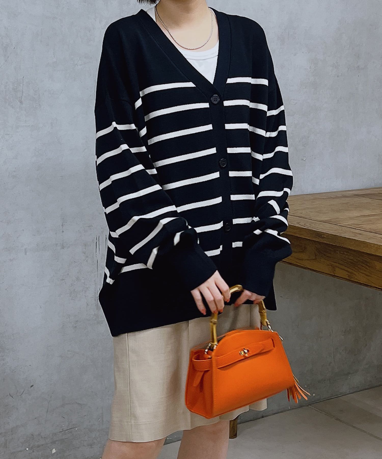 un dix cors(アンディコール) 麻タッチボーダーニットカーデ