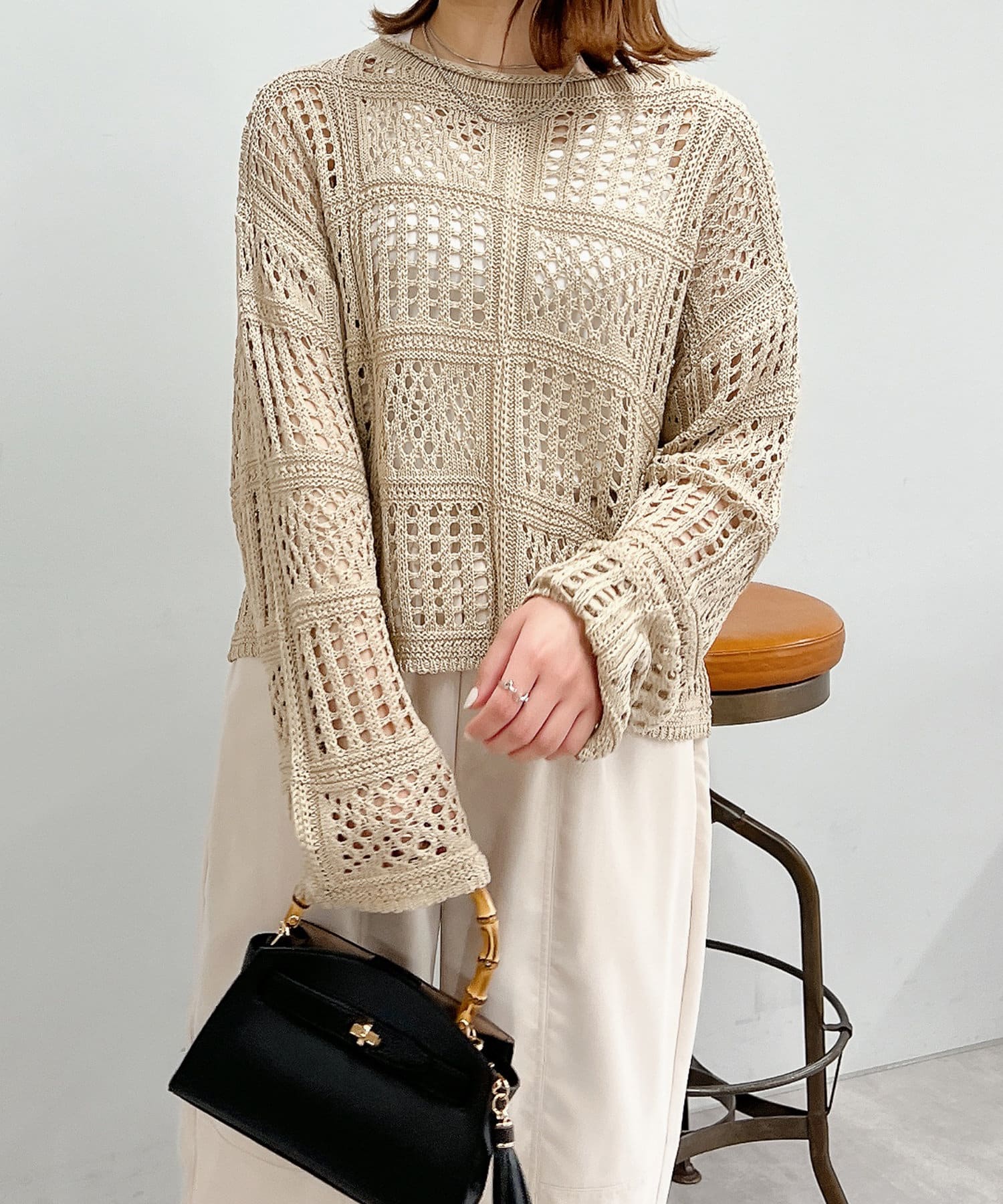 un dix cors(アンディコール) 《予約》麻タッチ透かし柄ニットプルオーバー