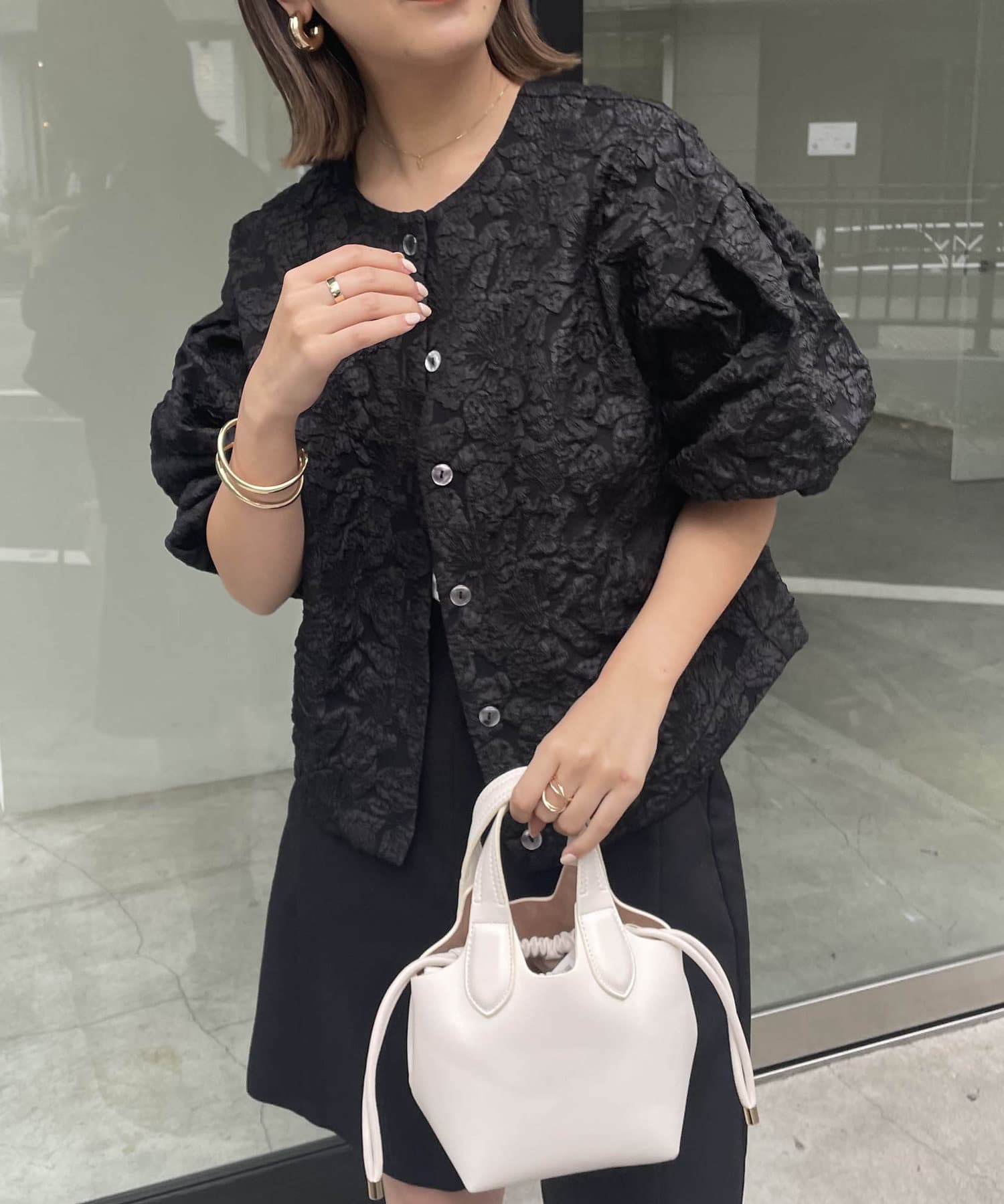 美品 AgAwd アガウド Puff Sleeve Jaguard Blouse