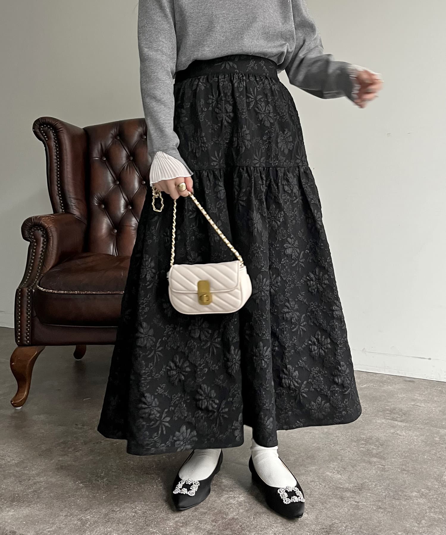 イエナ フラワージャガードフレアスカート ブラック 40サイズ