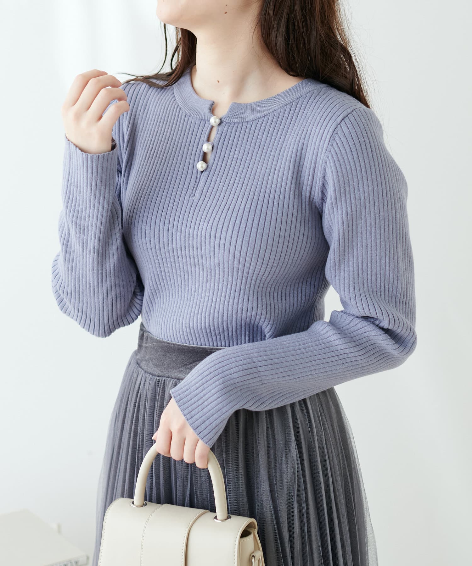 natural couture(ナチュラルクチュール) パール付き２WAYリブニット