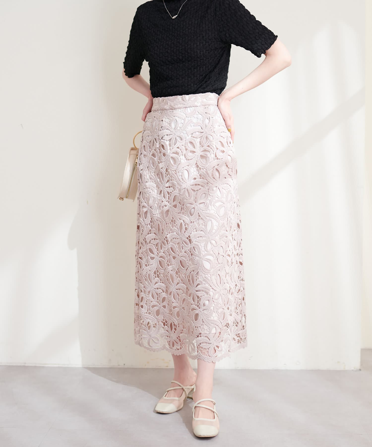 23SS/リボンモチーフケミカルレーススカート | natural couture